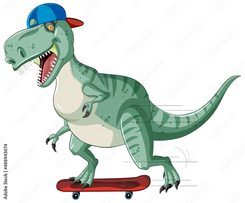 Fototapeta premium Tyrannosaurus rex dinosaur on skateboard in cartoon style
