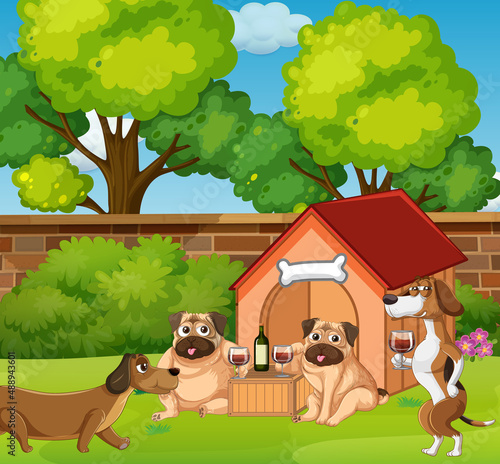 Dogs drinking wine in the garden