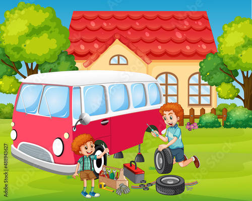 Outdoor scene with dad and son fixing a car together