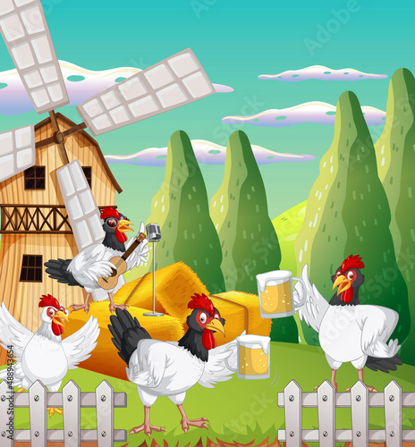 Farm scene with chickens in cartoon style