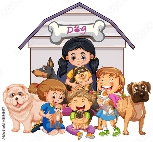 Children with many dogs in cartoon style