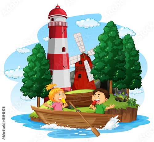 Lighthouse on the island with children on wooden boat