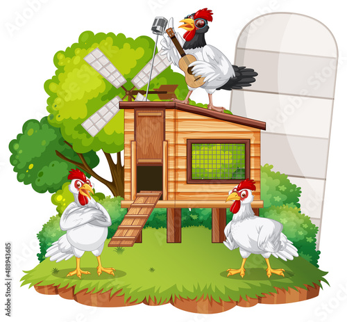 An isolated scene with a group of chickens in cartoon style