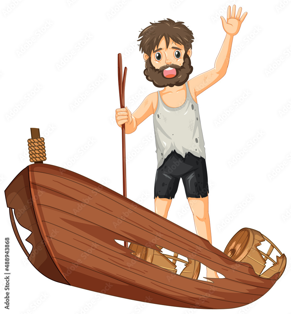 Isolated sad castaway man on a shipwrecked