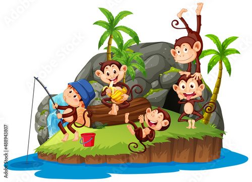 Isolated island with many monkeys cartoon