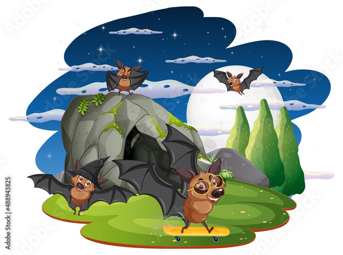Group of bats in forest at night