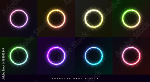 Set of Circle Frame with Glowing Neon Effect and Halftone Style. Collection of Colorful Neon Lighting Isolated on Dark Background with Copy Space