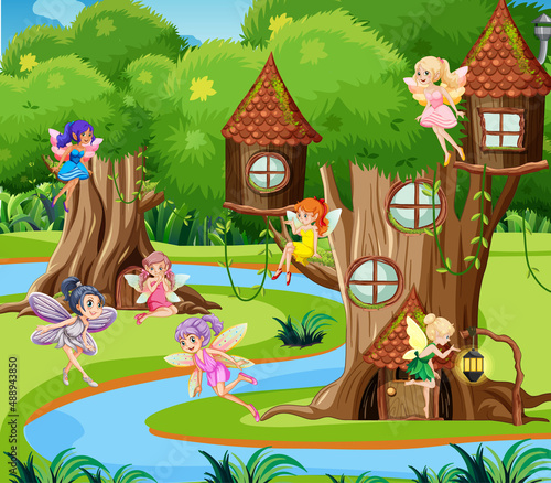 Fantasy forest with cute fairies