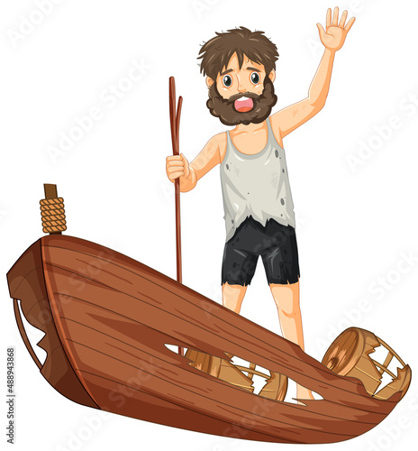 Isolated sad castaway man on a shipwrecked