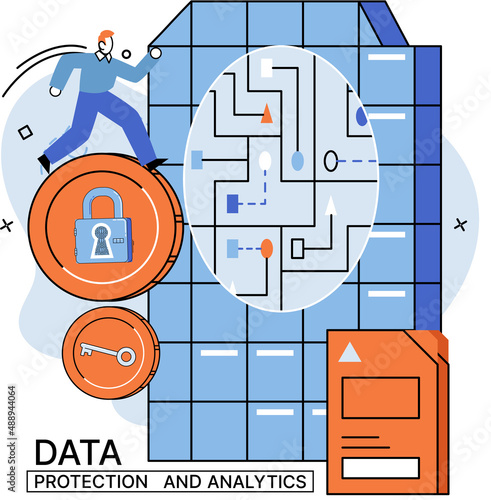 Data management metaphor, privacy media center, business protection, rational storage of information, digital privacy. Efficient data manager, cost-effective safe organization, storage and use of data
