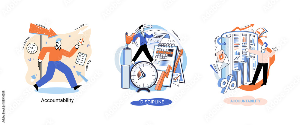 Fototapeta premium Personal quality concept creative metaphors set. Confidence, accountability and discipline, mental strength, psychological flexibility, decision making, leadership role, personal development