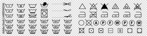 Laundry Symbol Icon Set - Different Black Vector Illustrations Isolated On Transparent Background