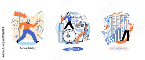 Personal quality concept creative metaphors set. Confidence, accountability and discipline, mental strength, psychological flexibility, decision making, leadership role, personal development