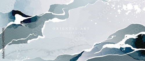 Abstract mountain watercolor background. Japanese wallpaper with line art wave, dark blue and grey color. Oriental design with wave and drops for banner, covers, wall art, home decor and invitation.