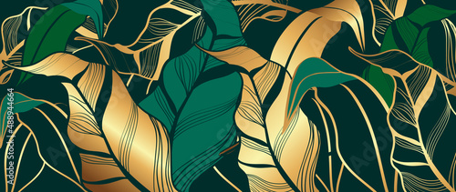Abstract tropical leaf on green background. Luxury wallpaper of botanical leaf, philodendron plant in gold line art pattern. Shining leaf for wallpaper, banner, covers, wall art, home decor, fabric.