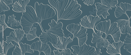 Abstract ginkgo leaf on blue background. Nature wallpaper of ginkgo leaves, biloba plants in white line art pattern. Hand drawn design for banner, covers, wall art, home decor, fabric and design.