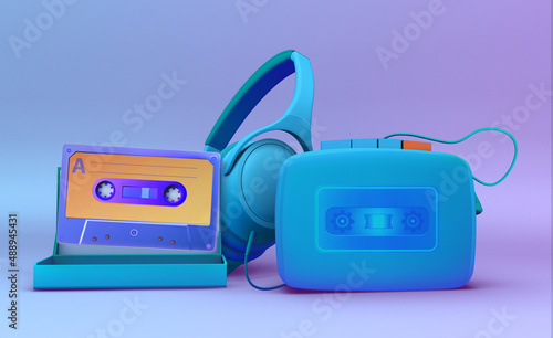 Old fashioned audio player with headset next to an audio cassette in a cassette tape box. 3D illustration