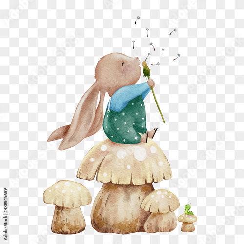 Water colour Cute Rabbit sitting on mushroom blowing dandelion flower,Hand paint Cartoon bunny character for Easter greeting card, Spring, Summer poster,Vector illustration on transparent background