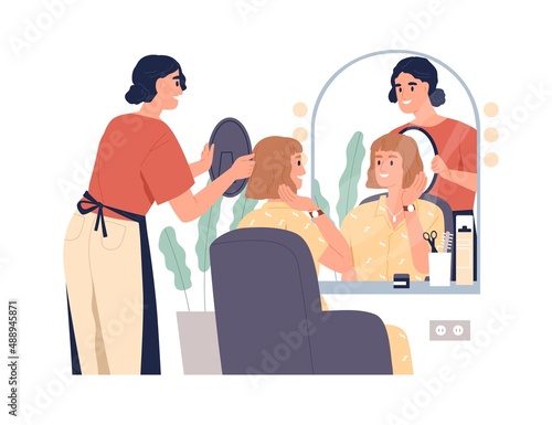 Woman client with bob haircut looking in mirror in salon. Happy satisfied customer in chair and hairdresser after hair cutting. Makeover concept. Flat vector illustration isolated on white background