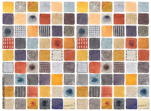 Abstract pattern with squares, painted in watercolors, autumn, fall colors
