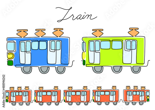 一筆書き　連結した電車とワンマン電車（カラー）