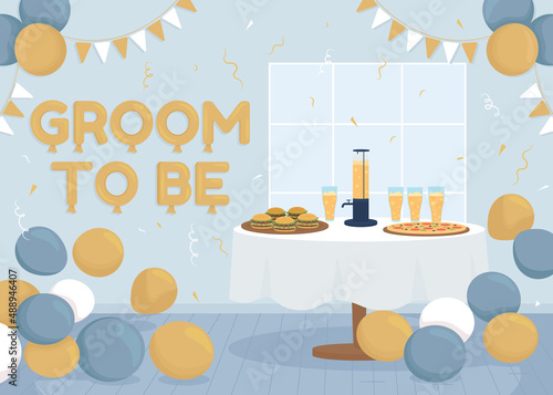 Home bachelor party flat color vector illustration. Groom to be. Stag weekend. Pre wedding event for groomsmen. 2D simple cartoon interior with decorated room on background. Fredoka One font used