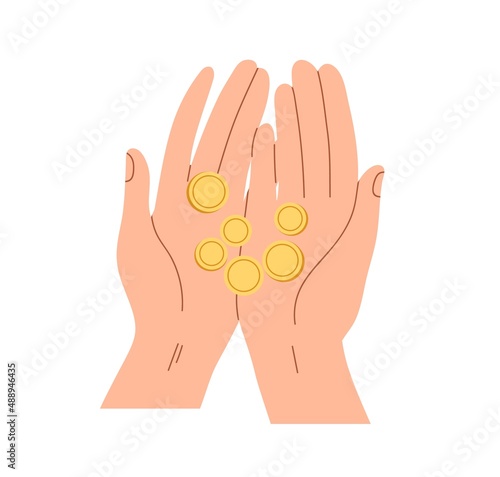 Gold coins in hands icon. Palms holding cash money, finance. Charity, financial help and philanthropy concept. Human with savings, capital. Flat vector illustration isolated on white background