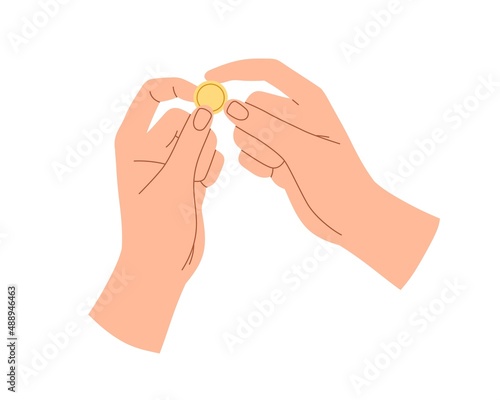 Coin, money in fingers. Hands holding cent, financial help, cashback. Donation, charity and finance support concept. Gold change, cash. Flat vector illustration isolated on white background