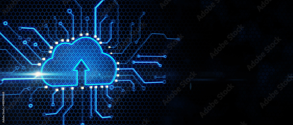Fototapeta premium Cloud computing concept with bright digital cloud icon with arrow surrounded by microcircuit lines on empty dark background with copyspace for your logo. 3D rendering, mock up