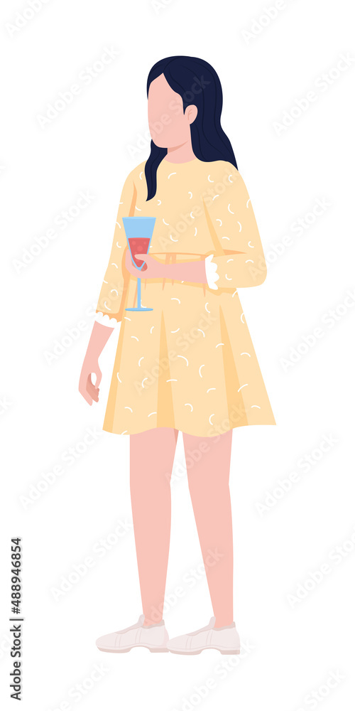 Modest lady holding drink semi flat color vector character. Standing figure. Full body person on white. Woman in yellow dress simple cartoon style illustration for web graphic design and animation