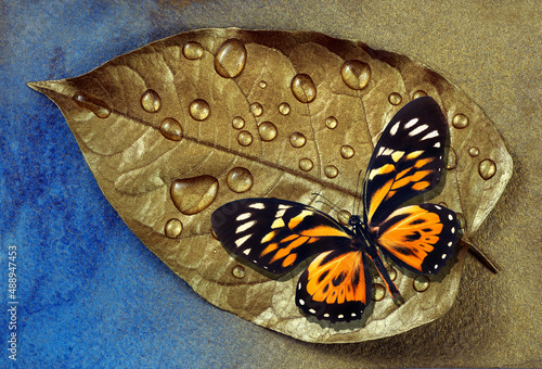 Bright tropical butterfly on a gold leaf in drops of water against a backgrou...