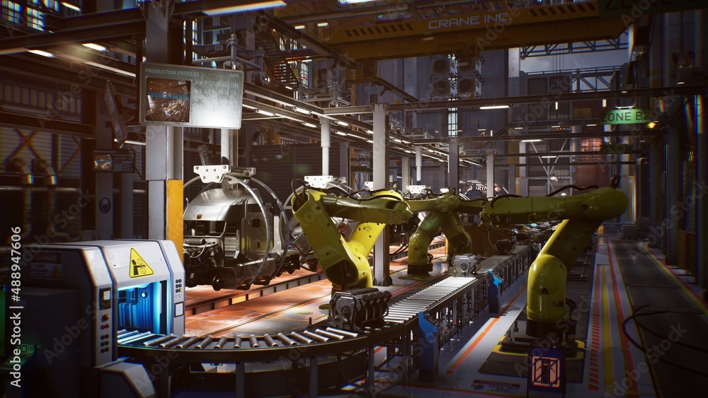 3d render of automotive factory, assembly line production manufacturing