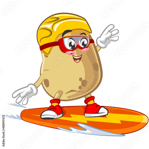 vector illustration of cute potato mascot character surfing with snowboard
