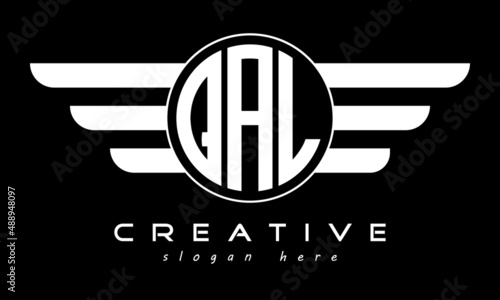 QAL three letter monogram type letter logo with wings vector template. photo