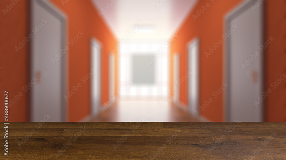 Fototapeta premium The Corridor in office building. 3D rendering. Background with empty table. Flooring.