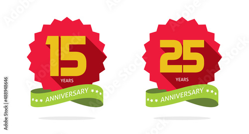 Anniversary 15 and 25 years celebrate logo vector medal or birthday jubilee 15th and 25th premium number ribbon icon set red and green flat modern event symbols, business party date banner