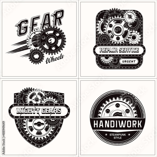 Set of monochrome vintage label with gear wheels, metal rails, rivets, text. Black emblems in steampunk style on white background. Good for craft design.
