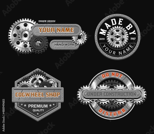 Set of color vintage label with black, silver steel gears, metal rails, rivets, text. Emblems in steampunk style. Good for craft design.