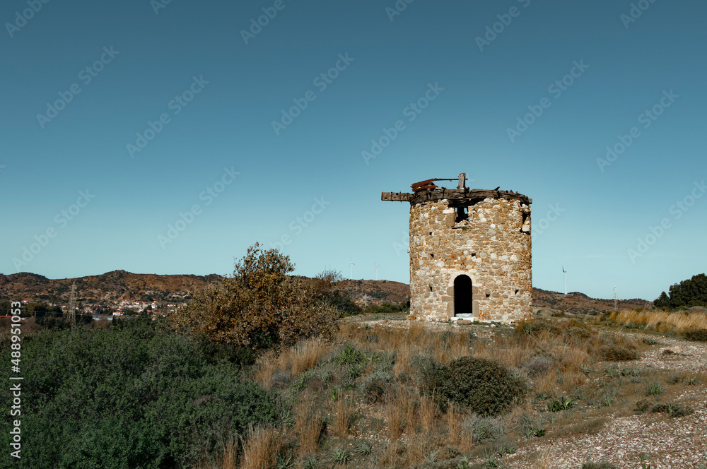Old historical windmill, Datça Kızlan. Copy paste, text space. Banner. Old historical windmill, Datça Kızlan. Copy paste, text space. Banner.