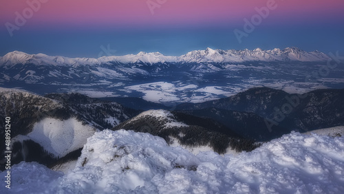 panorama of the Western Tatras during a colorful sunset, beautiful Slovak unspoilt nature, a wonderful destination for vacation and relaxation