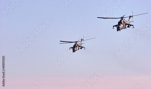 Fototapeta Naklejka Na Ścianę i Meble -  Russian military helicopter MI-24 during exercises in the Republic of Belarus.