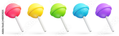 Set of colorful sweet cute lollipops. Round multicolored candies on stick in cartoon style. Candy icon set. 3d vector illustration