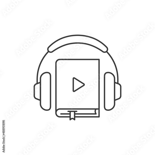 Headphones and book line icon, audiobook online learning or listening, Vector education concept. Flat design