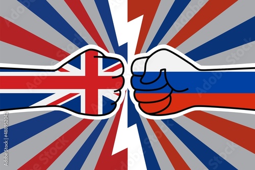 UK flag fist vs russian flag fist. UK sanctions. Cold war of the united kingdom and russia. Great Britain Russian military confrontation. Vector flat icon for web banner, posts
