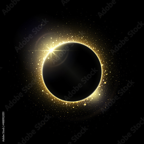 Gold circle of shiny particles on a black background. Invitation vector background. Shining gold frame, place for text. Round border, frame. Card party Invitation. Lens flare effect on dark
