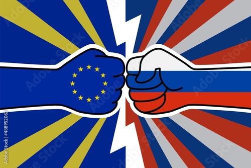 Cold war of the EU and russia. EU flag fist vs russian flag fist. European union sanctions. European russian military confrontation. Vector flat icon for web banner, posts