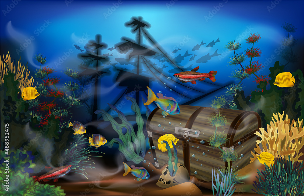 Underwater wallpaper treasure chest box and skull. vector illustration
