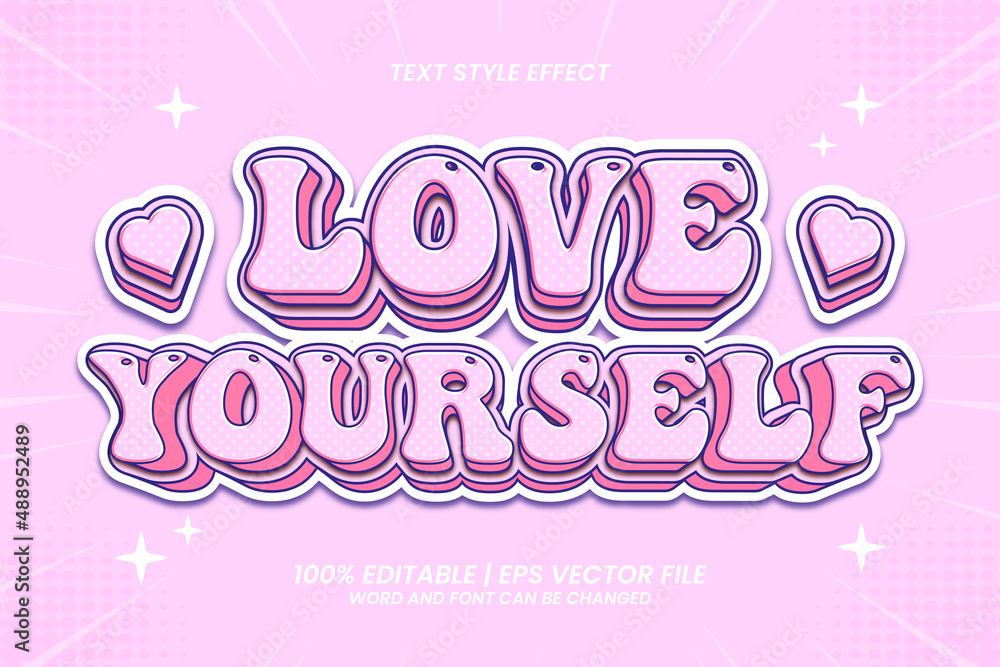 Love yourself 3D flat cartoon style editable text effect - obrazy, fototapety, plakaty 