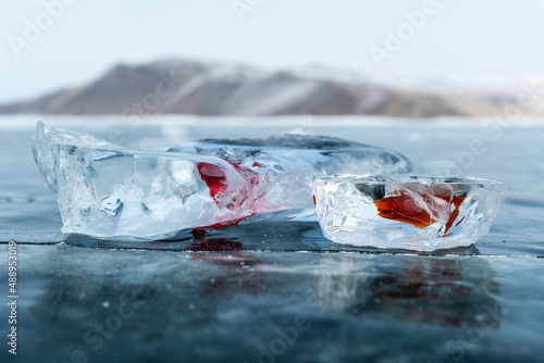 Ice cup for hard liquor from Baykal lake ice. Russia, Siberia