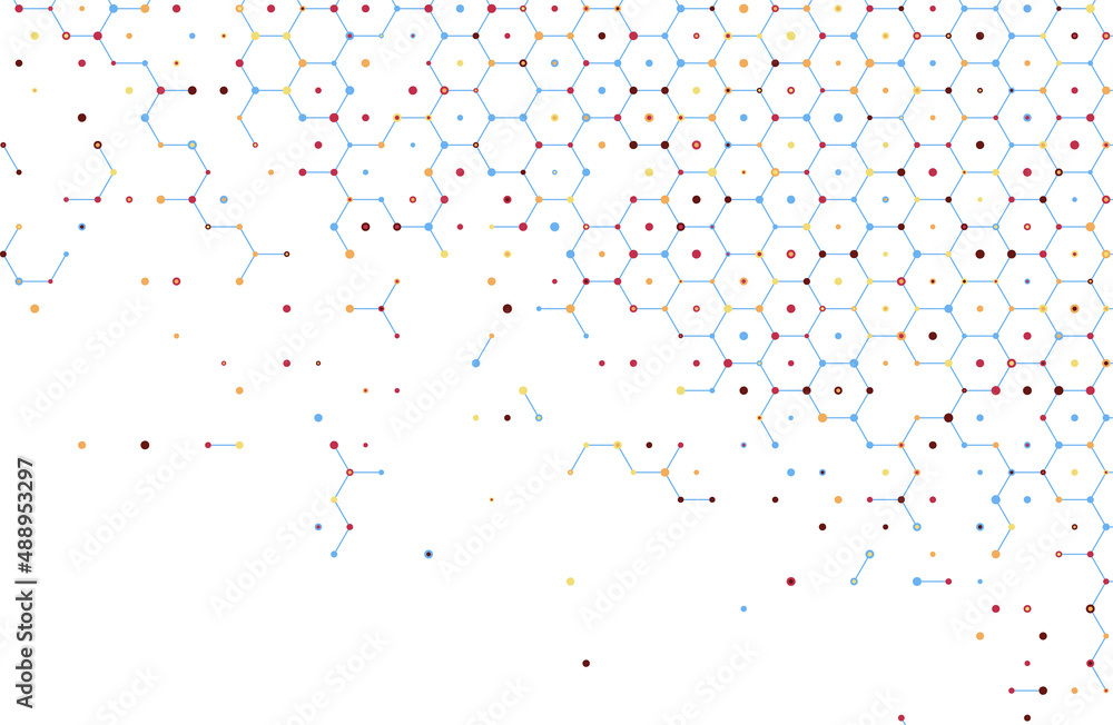 Vector modern absrtact geometric pattern hexagon. Multicolor lines and dots abstract geometric background
